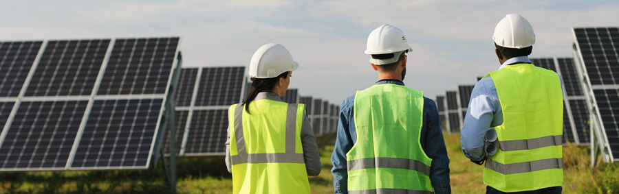 service workers analyzing solar panels